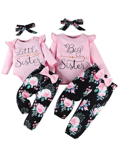 FAMIHAO Big Sister Little Sister Matching Outfits Ruffle Long Sleeve Shirt Floral Pants Headband Toddler Girl Clothes 3Pcs,2-3T Pink&Black - Image 1