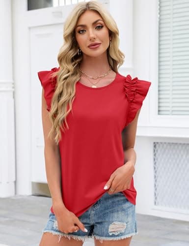 Summer Tops for Women 2026 Trendy Ruffle Short Sleeve Tops Casual Cute Loose Fit T-Shirts Crew Neck Fashion Dressy Blouses Tee Tops Red M - Thumbnail 5
