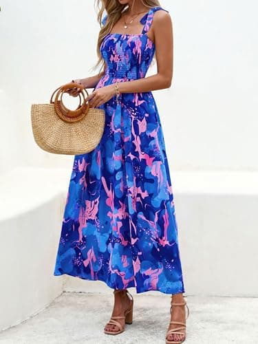 PRETTYGARDEN Womens Summer Dresses Floral Sleeveless Smocked Maxi Dress Boho Spaghetti Strap A Line Flowy Beach Long Sundress(Royal Blue,XX-Large) - Thumbnail 4