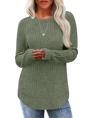 JUSTFASHIONNOW Womens Sweaters Trendy Lightweight Casual Long Sleeve Shirts 2025 Crewneck Fall Tunic Tops Loose Fit Dressy (Army Green, Small) - Thumbnail 2