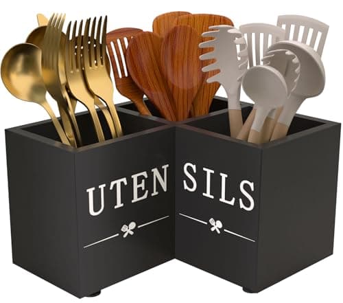 Natheeph Utensil Holder, Kitchen Utensil Holder for Counter, Extra Large Utensil Holder w/ 3-Compartment, Farmhouse Black Utensil Holder with Well-made Wood for Corner Organizer, Housewarming Gift
