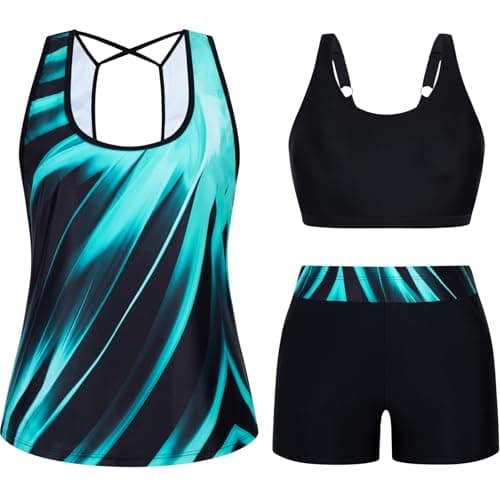 Arolina Plus Size Bathing Suit for Women Modest 3 Piece Swimsuits with Swim Shorts Blue Oblique Stripes 18W - Image 1