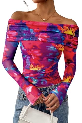 PRETTYGARDEN Womens Tops 2026 Spring Off The Shoulder Long Sleeve Fitted Y2k Shirts Floral Ruched Mesh Going Out Outfits(Navy Red Flower,XX-Large) - Image 1