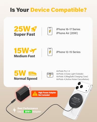 WayLite 25W Wireless Charger for MagSafe, Magnetic Fast Charging Pad for iPhone 17/16/15/14/13/12 Series & AirPods, Strong Magnet, Portable Wireless Charger for Travel Home Office (Black, 10FT) - Thumbnail 6