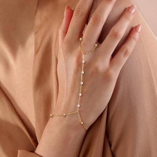 BAYLAY Hand Chain Bracelet, Ring Bracelet Hand Chain 14K Gold Plated Pearl Finger Ring Slave Bracelets Dainty Gold Bracelet for Women Hands Jewelry for Women Summer Essentials Boho Beach Gifts - Thumbnail 4