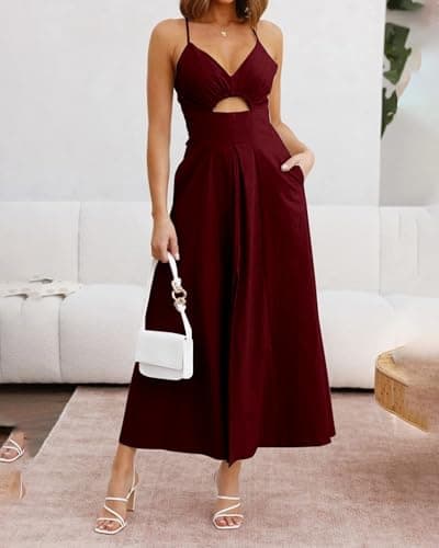 BTFBM Women 2026 Spaghetti Strap Midi Summer Dresses Sleeveless V Neck Cutout Slit Casual Beach Party Maxi Dress Pockets(Wine Red, Large) - Thumbnail 6