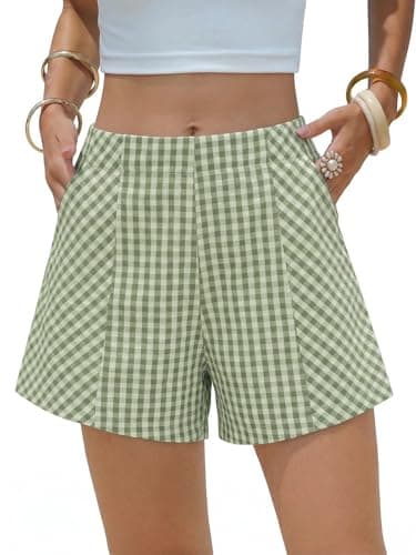 EXLURA Womens Cotton Boxer Shorts Faux Linen Gingham Shorts Summer High Waist Plaid Y2K Beach Bottoms Vacation Outfits 2026 - Image 1