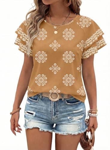 BLENCOT Boho Top Dressy Casual SummerElegant Round Neck Puff Sleeve Peasant Ladies Flowy Loose Fit Teacher Shirts Plus Size Floral Spring Blouse X-Large Khaki - Image 1