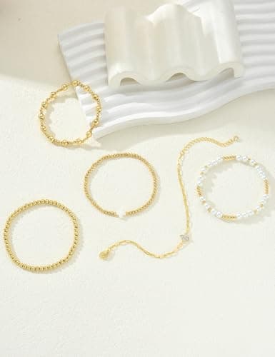 17 MILE Gold Beaded Bracelets for Women Non Tarnish, 14K Gold Plated Chunky Paperclip Chain Bracelet, Pearl Stackable Bangles, Cross Bead Ball Bracelet Stack - Thumbnail 5
