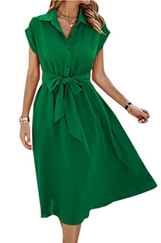 ECOWISH Womens Casual Midi Dresses Solid V Neck Short Sleeve Shirt Dress with Pockets for Spring Summer 2025 Green L - Image 1