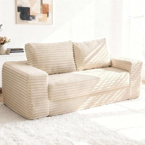 Kasunpul 62" Convertible Sofa Bed, 4 in 1 Folding Couch Bed with Corduroy Fabric & 2 Pillows, Pull Out Floor Couch for Living Room, Bedroom, Apartment (Beige) - Image 1