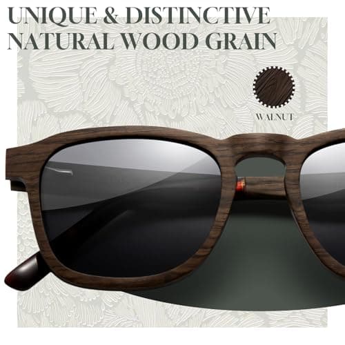 SUNGAIT Men’s Square Wood Sunglasses Classic Natural Red Burl Ebony Walnut Wooden Frame Polarized Lens(Walnut Frame/Grey Lens) - Thumbnail 2