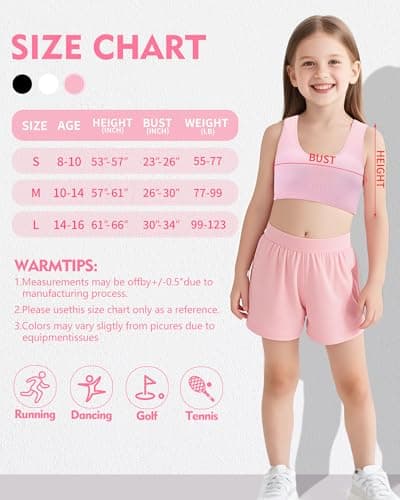 iMuchic Girls Racerback Sports Bra, Built -Up Stretch Crop Undershirt Seamless Training Bra in Everyday Colors for Teens (US, Alpha, Medium, Pink) - Thumbnail 2