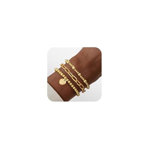 Wowshow Gold Bracelets for Women Strand Gold Beaded Bracelets for Women Initial Bracelet with M Letter Gold Bracelet Stack Set 14K Gold Plated Bead Ball Bracelet Gold Jewelry Gifts for Women - Image 1