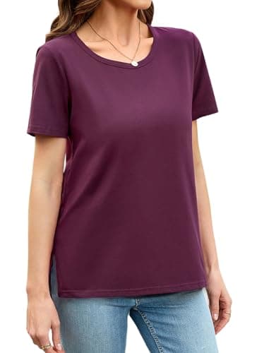 Herou Women Summer Casual Short Sleeve Tops T-Shirts Tees with Side Split (Maroon, Small) - Image 1