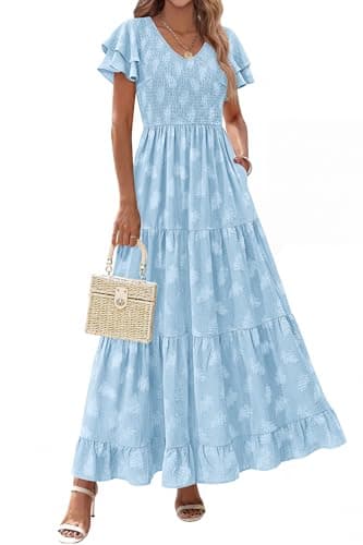 dowerme Maxi Dresses for Women 2026 Summer Ruffle Sleeve V Neck Smocked A Line Floral Boho Tiered Sundress Spring Outfit(Light Blue,Medium) - Image 1