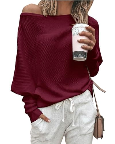 Zenlonr Women's Fall Sweaters 2026 Casual Long Batwing Sleeve Loose Off Shoulder Knit Pullovers Jumper Tops(Wine Red,X-Large) - Image 1