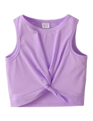 PATPAT Girls Tank Tops Size 11-12 Purple Dance Tops Crew Neck Ribbed Knit Twist Knot Sleeveless Crop Athletic Shirts Hip Hop Dance Outfits for Girls Tennis Clothes 10-12 - Image 1