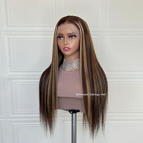 GABROGA 150% Density Glueless 4/27 Highlight 13x4 Colored Straight Lace Front Wigs Human Hair HD Transparent Lace Pre Plucked Natural Hairline with Baby Hair for Black Women 20 Inch - Thumbnail 5