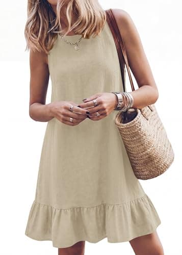 KKIRUNDO Women's Casual Summer Dresses 2026 Spring Sleeveless Shift Tank Mini Dress Flowy Ruffle Hem Beach Vacation Sundress(Khaki, X-Large) - Image 1