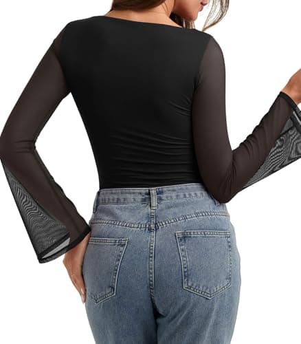 PINKMSTYLE Sexy Sheer Mesh Bell Sleeve Blouse Ruched Boat Neck Long Sleeve Going Out Tops for Women Country Concert Outfits Black XX-Large - Thumbnail 3
