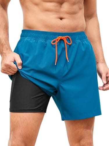 SILKWORLD Mens Swim Trunks Bathing Suit 6 Inch Inseam Compression Liner Beach Swim Shorts Swimwear Quick Dry Zipper Pocket, Peacock Blue, XX-Large - Image 1