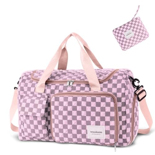 WOOMADA Foldable Travel Duffel Bag with Shoes Compartment, Overnight Bag with Wet Pocket & Trolley Sleeve, Weekender Bags for Women (pink checkerboard) - Image 1