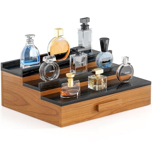 Sueuapp Solid Walnut Wood Cologne Organizer for Men,3 Tier Cologne Stand Display Shelf with Hidden Compartment and Drawer,Perfume Stand Organizer,Perfume Display Holder,Great Gift for Men Father - Image 1