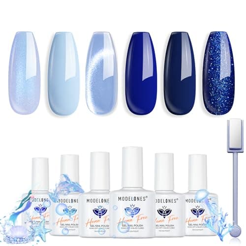 modelones Hema Free Gel Nail Polish, 6 Colors 2026 Spring Pastel Royal Navy Sky Icy Klein Blue Glitter Gel Polish Galaxy Dark Blue 9D Cat Eye Nail Polish with Magnet Soak Off Led Nail Art Kit - Image 1