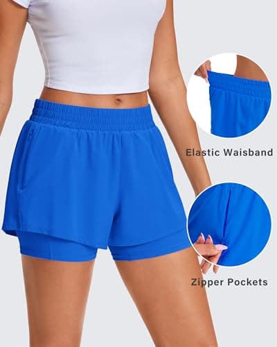 Stelle Women's 2 in 1 Running Shorts Athletic Workout Gym Shorts High Waisted Shorts with Liner Zipper Pockets (Sapphire, X-Large) - Thumbnail 5
