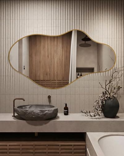 CQHVKQ Irregular Wall Mirror 20"X 36" Asymmetrical Gold Bathroom Mirror Abstract Decorative Wall Hanging Mirror for Bedroom, Living Room, Bathroom, Entryway, Hallway - Thumbnail 4