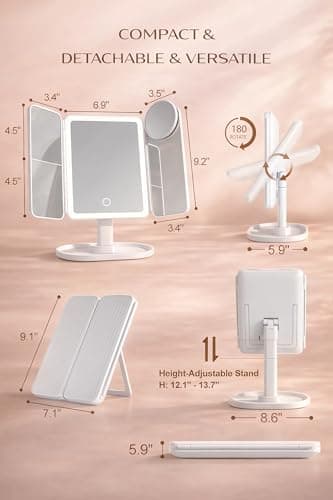 Lighted Makeup Vanity Mirror, Height Adjustable Trifold Mirror with Seamless Light Strip, 1X/2X/3X/10X Magnification, 2000mAh Rechargeable Desk Mirror, Dimmable 3 Color Lighting, Gifts for Mom Women - Thumbnail 2