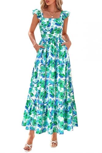 dowerme Womens Summer Dresses 2026 Ruffle Sleeve Square Neck Floral Boho Midi Dress Spring Smocked Beach Party Sundress(Floral Green,Large) - Image 1