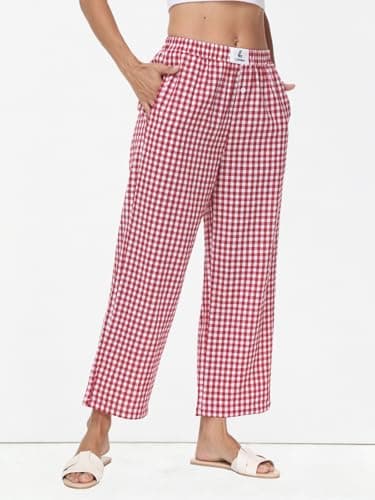 Lallabai 2026 Women Striped Gingham Palazzo Cropped Pants Lounge Boxer Pajama Pants Wide Leg PJ Bottoms Trousers with Pockets - Thumbnail 5