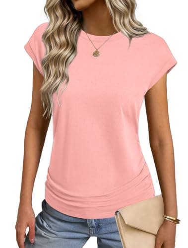 GKBK Womens Summer Cotton Tops Ruched Cap Short Sleeve Tshirts Crew Neck Shirts Fashion Coral S - Image 1