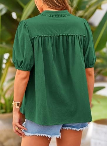 PRETTYGARDEN Women's 2026 Summer Button Down Shirts Short Lantern Sleeve V Neck Cotton Cute Tops Dressy Casual Blouses (Dark Green,Medium) - Thumbnail 2