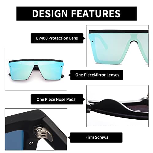 JIM HALO Flat Top Shield Sunglasses Square Mirror Rimless Glasses for Women Men (Black Frame/Mirror Blue Lens) - Thumbnail 3