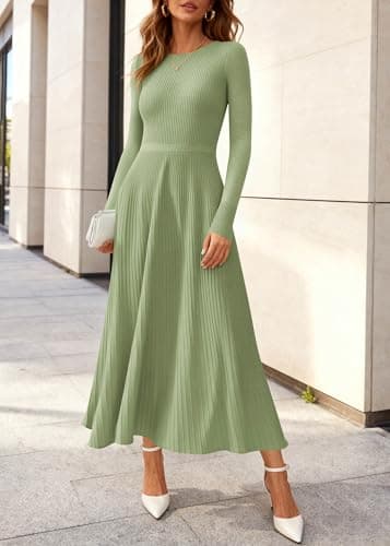 KIRUNDO Women Sweater Dress Holiday Ribbed Knit Long Sleeve Slimming Maxi Dress Fall Pleated Elegant A Line Winter Dresses(Light Green, X-Large) - Thumbnail 2