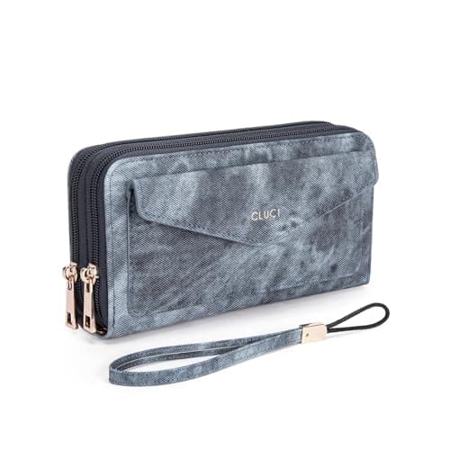 CLUCI Wallet Women Large Capacity Wristlet Purse for Women Long Ladies Wallet RFID Blocking Multi Credit Card Holder Denim Blue - Image 1