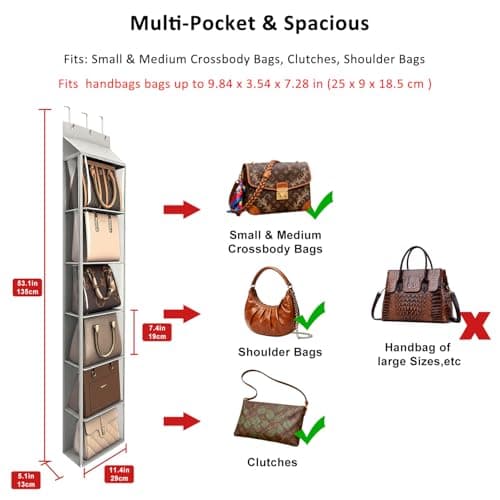 Lirex Over The Door Purse Organizer & Purse Shelf for Closet – Handbag Storage Organizer with Purse Hanger. Perfect for Scarves, Hats, and Leggings. S (11.8'' x 5'' x 51.6''), Light Grey - Thumbnail 2