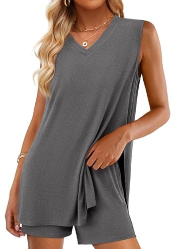 PRETTYGARDEN Women's 2026 Summer 2 Piece Shorts Sets V Neck Long Tank Tops High Waisted Loose Fit Matching Travel Outfits (Dark Grey,Large) - Image 1