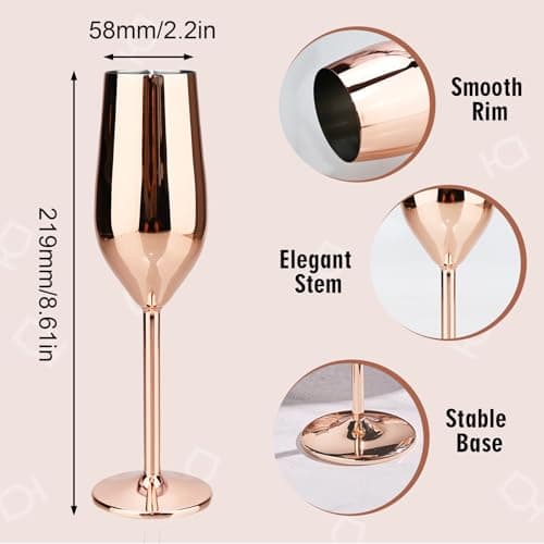 TJ Unbreakable 8 Oz Stainless Steel Champagne Flutes (4 Pack)- Rose Champagne Glasses - Reusable Indoor Outdoor Drinkware - Keeps Drink Cool for Longer - Gift Idea - Thumbnail 3