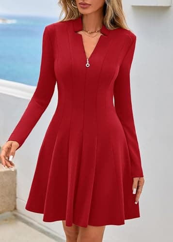 Lazysmile Fall Dresses for Women 2025 Long Sleeve V Neck Half Zip A Line Swing Casual Party Club Mini Short Dress Wine Red - Thumbnail 3