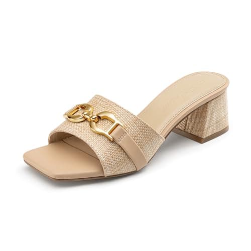 Athlefit Raffia Heeled Sandals for Women Mules Square Peep Toe Chunky Block Heels Slip On Comfortable Casual Slide Sandals Natural Size 10 - Image 1