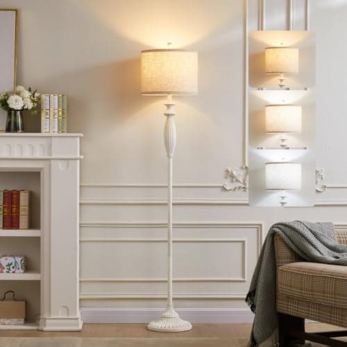 63.8" Vintage Floor Lamp with Rotary Switch, Dimmable Color Temperature Standing Lamp, Retro Farmhouse Floor Lamps for Living Room, Bedroom, Hallway, Office, Room Decor, Antique White (Bulb Included) - Image 1
