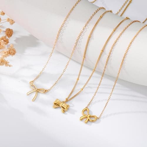 Fimhut Easter Gifts for Kids Girls Easter Basket Stuffers - Bow Necklaces Dainty 14K-Gold-Plated Cute Choker Necklace Fashion Bow Pendant Necklaces Trendy Jewelry Gift for Teenage Girl Women - Thumbnail 5