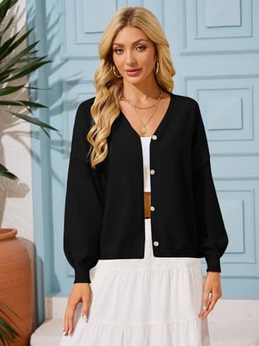 FireSwan Cardigan Sweater for Women Long Lantern Sleeve Oversized Knit Outfits Lightweight Trendy Spring Tops 2026 Black S - Thumbnail 2