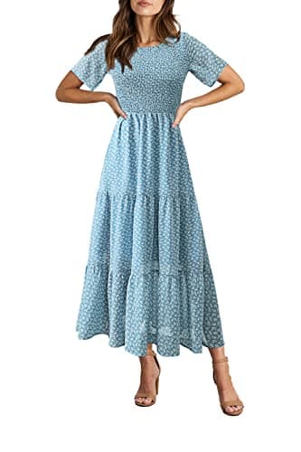 BTFBM Women Casual Short Sleeve Crew Neck Summer Dress Bohemian Floral Printed Flowy Maxi Dresses Tiered Cocktail Dress (Floral Blue White, XX-Large) - Image 1