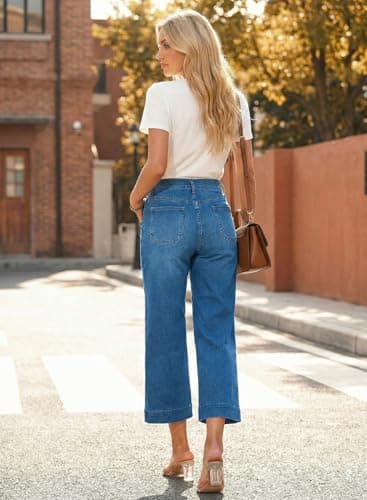 Astylish Women's Stretchy Breathable Straight Wide Leg High Waist Jeans Tummy Control Boyfriend Casual Flare Cropped Ankle Denim Trouser Deep Front Pockets Plus Size Spring Clothes Dusk Blue Size 18 - Thumbnail 5