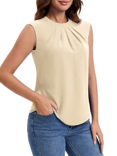 Funlingo Short Sleeve Blouses for Women Dressy Casual Summer Tunic Tank Tops Crew Neck Pleated Shirts Spring Work Business Outfits Beige S - Thumbnail 4